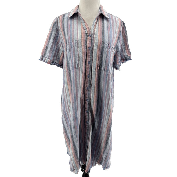 Cafe Marrakesh Women's Linen Blend Short Sleeve Fringe Hem Shirt Dress Large - Picture 1 of 5